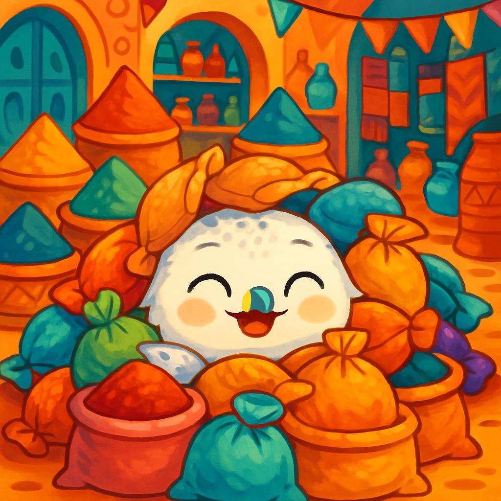 A cartoon-style illustration of a white character surrounded by piles of colorful bags and vases, with a whimsical atmosph...