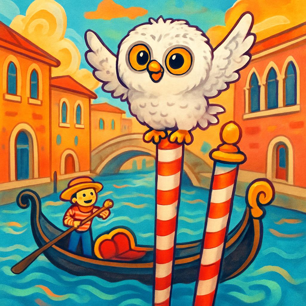 an absurdly colorful image of a cartoon wetland scene with a white owl and a gondolier in a boat.