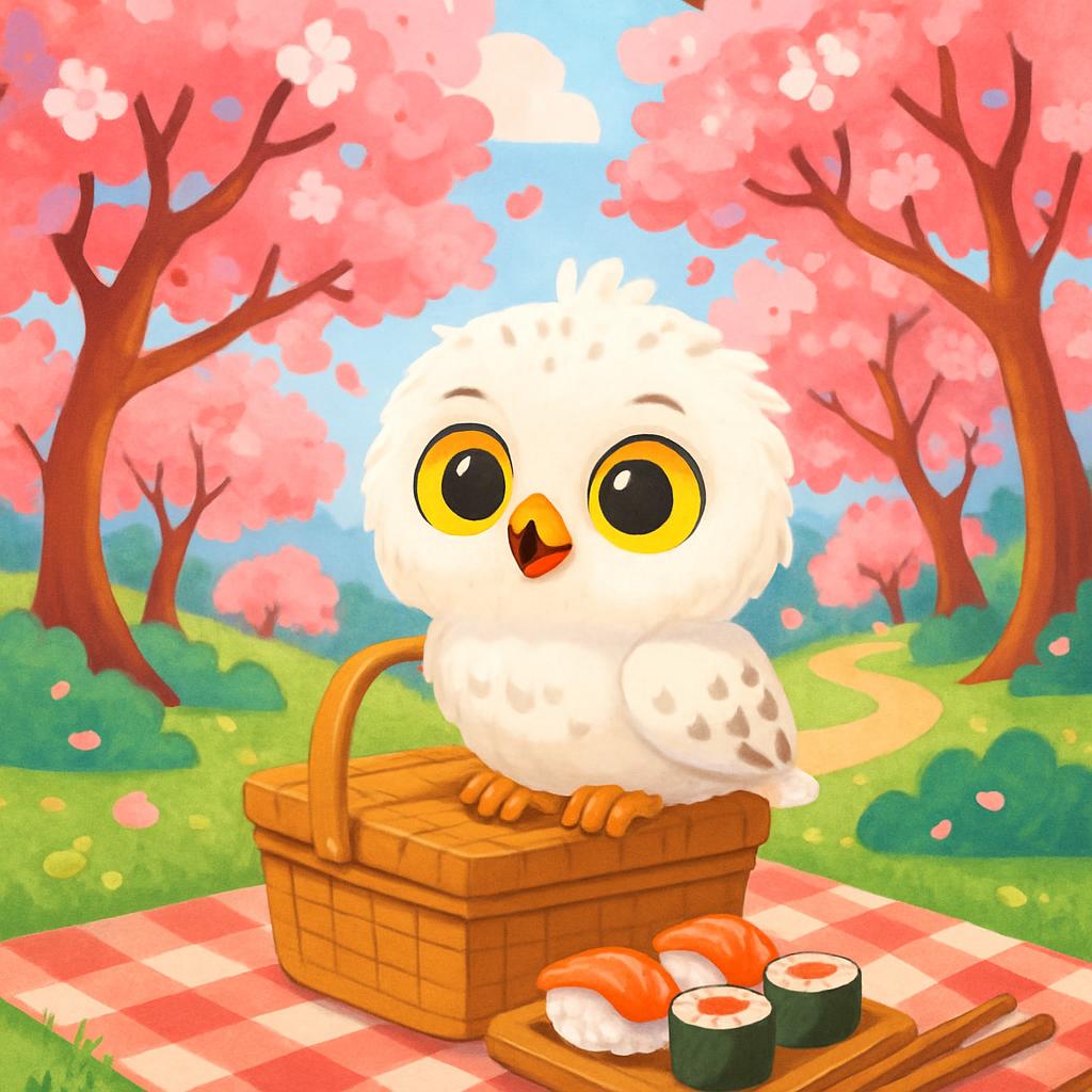A cute white owl with large yellow eyes perched in a picnic basket, with a sushi mat, chopsticks and a handroll and nigiri...
