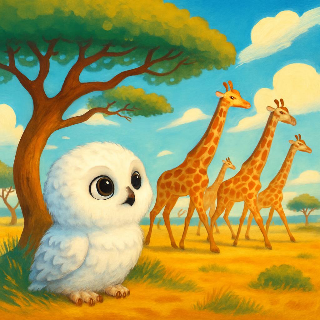 A floating image-focused on a small white owl with large eyes standing below a tree, accompanied by a giraffe family in th...